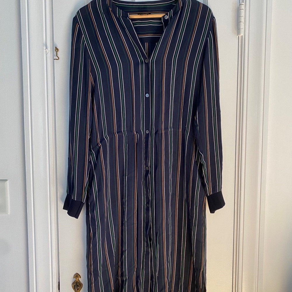 Theory Stellira Letterman Navy Blue Pinstriped Silk Long Sleeved Dress